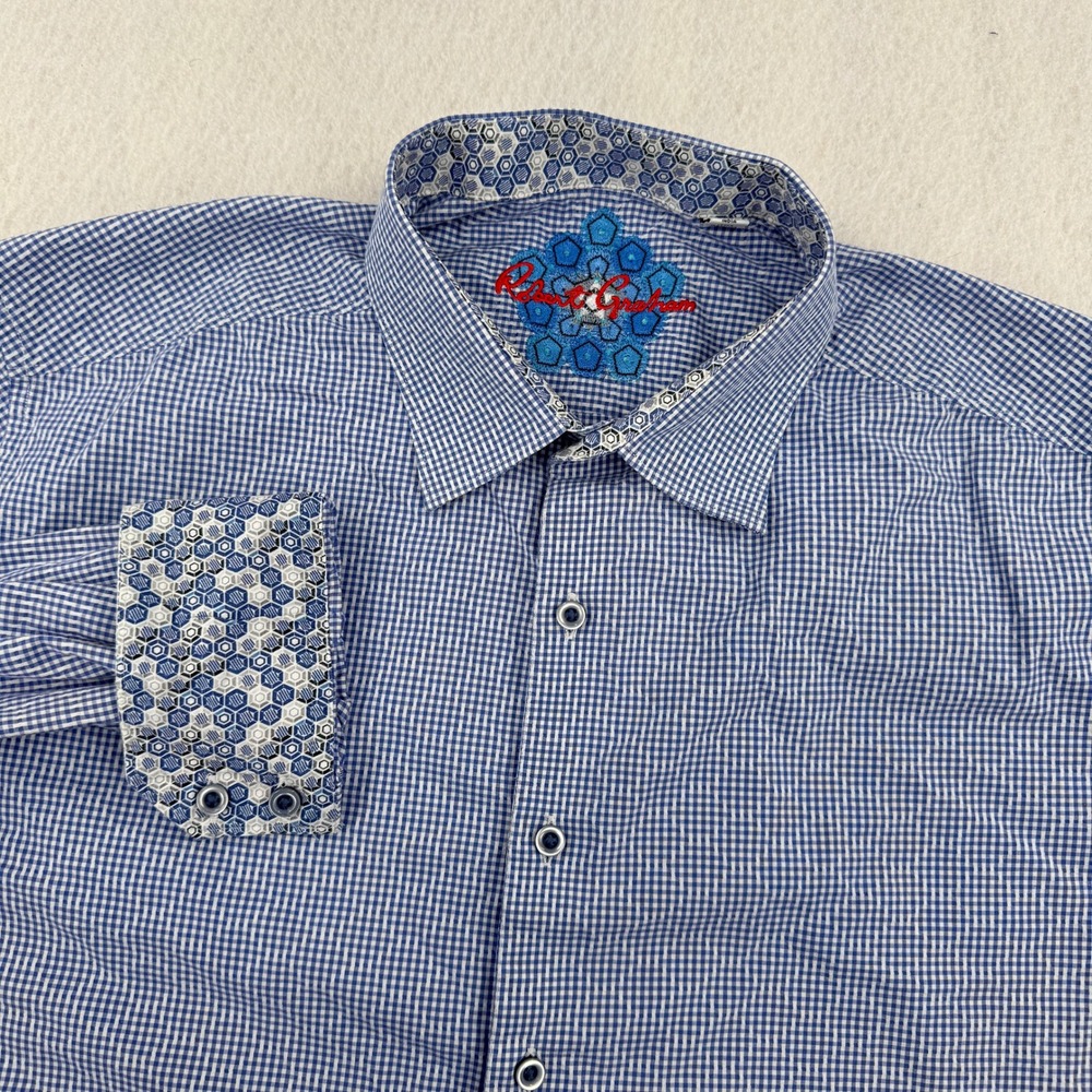 Robert Graham Men XXL Classic Fit Long Sleeve Button Down Blue Gingham Flip Cuff